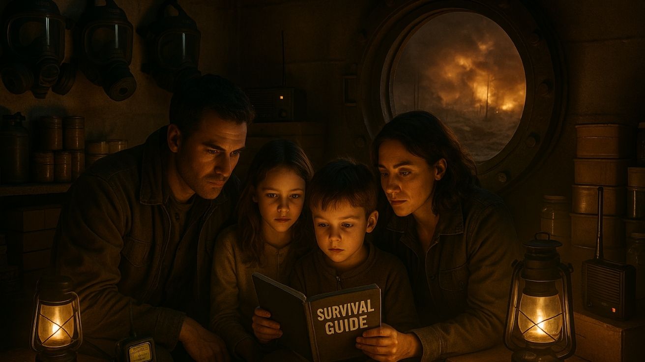 Família reunida em abrigo subterrâneo com lanternas, máscaras de gás e guia de sobrevivência durante cenário apocalíptico