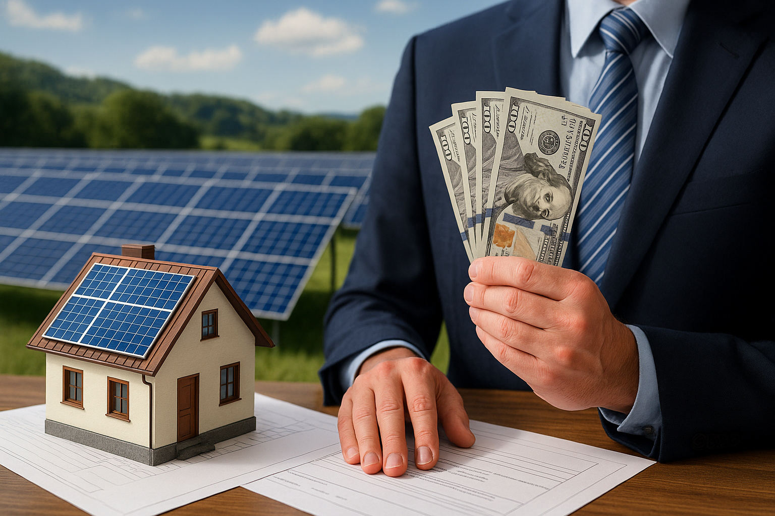 Financiamento de energia solar representado por homem segurando dinheiro ao lado de maquete de casa com painéis solares e campo solar ao fundo.