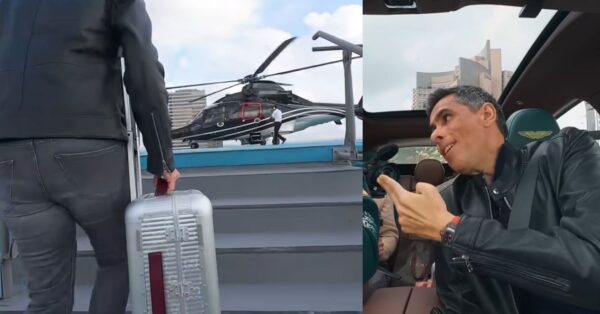 Montagem mostra Flávio Augusto, empresário bilionário, carregando uma mala ao embarcar em helicóptero particular, ao lado de cena em que conversa dentro de um carro de luxo com teto solar, representando a rotina de deslocamentos rápidos, compromissos estratégicos e decisões de alto impacto nos bastidores de seus negócios.