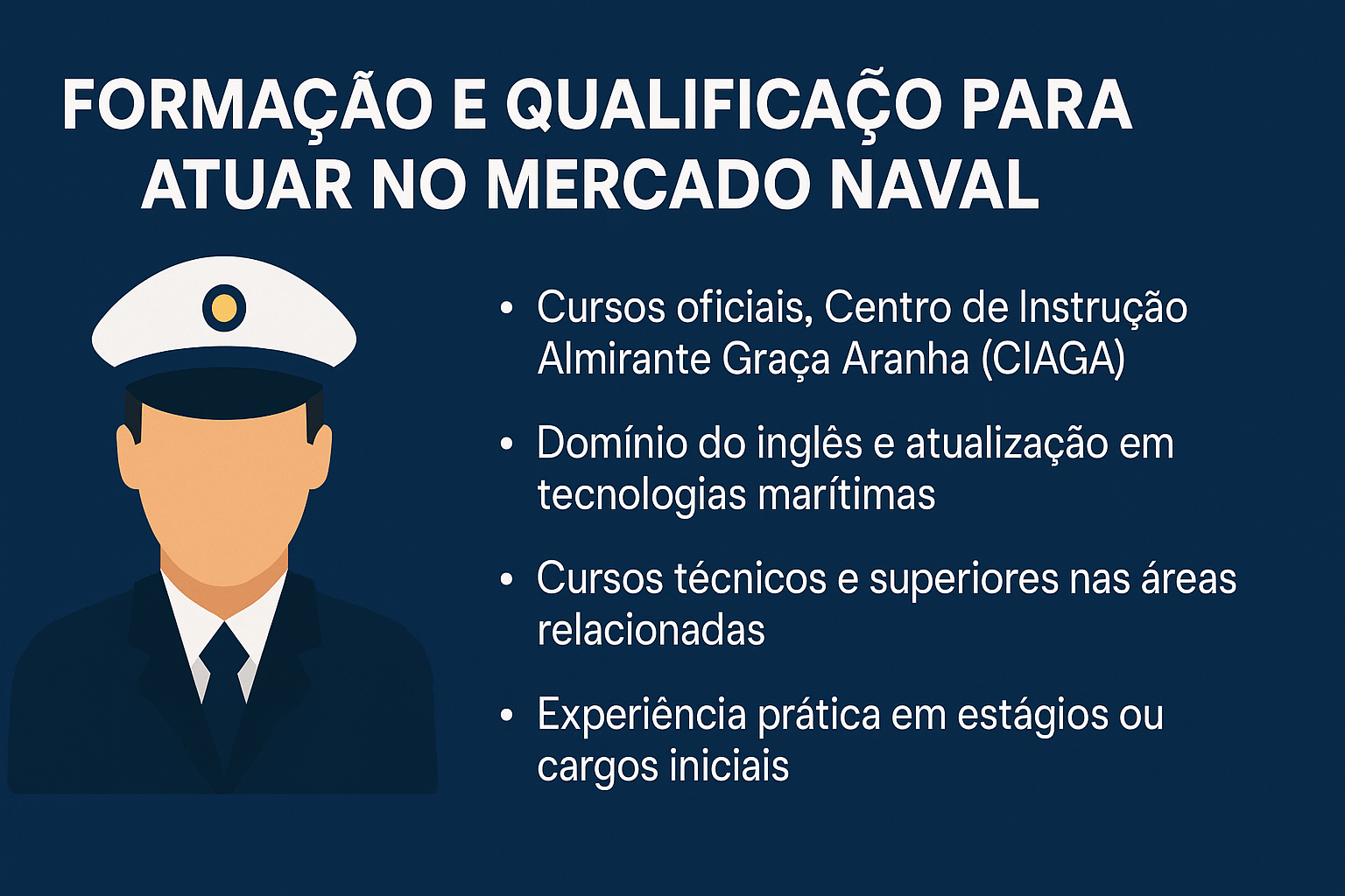Infografía sobre formación y cualificación en el mercado naval, con fondo azul marino, figura de un oficial y lista de cuatro puntos principales.