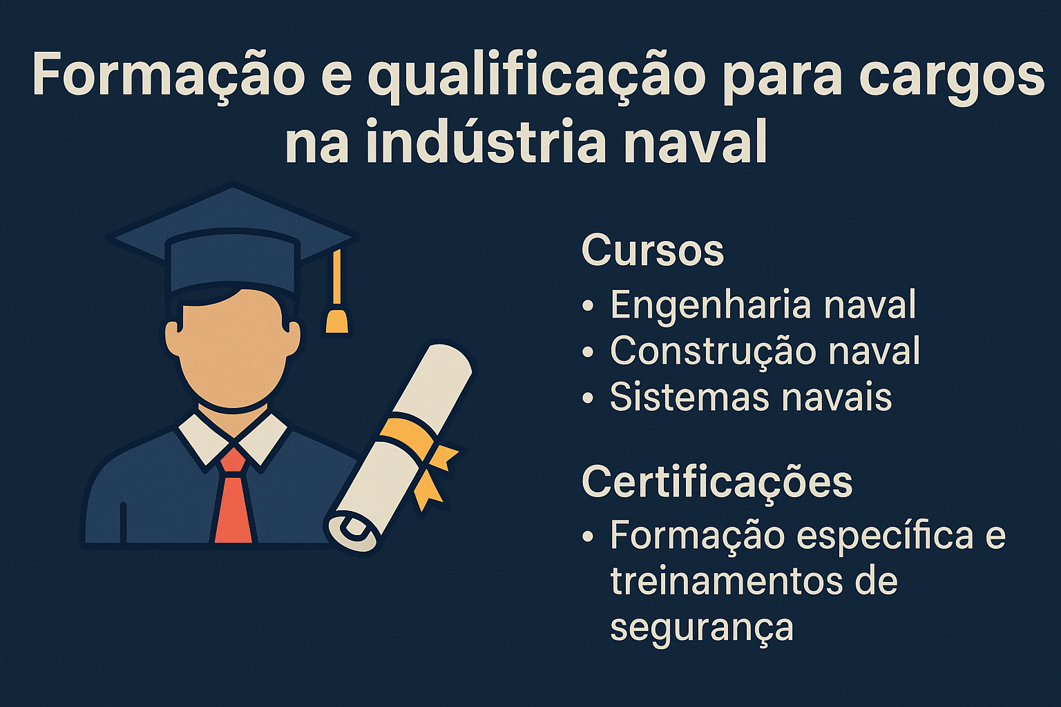 Infográfico con fondo azul oscuro presentando un personaje con toga de graduación y diploma, al lado de listas con cursos y certificaciones exigidas en la industria naval.