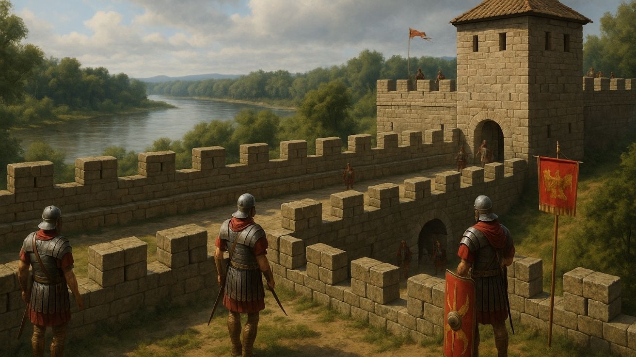 Representação hiper-realista de um forte romano com muralhas de pedra e soldados armados patrulhando, próximo ao rio Danúbio, na Áustria