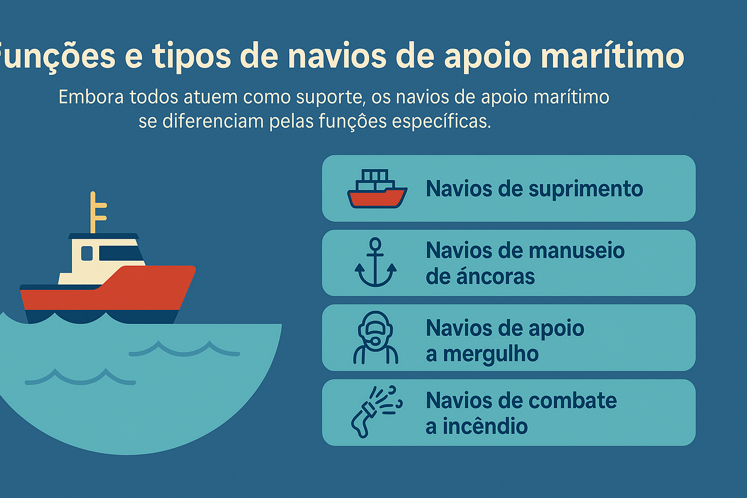 Infográfico ilustrando los principales tipos de buques de apoyo marítimo con íconos representando sus funciones, incluyendo suministro, manipulación de anclas, apoyo a buceo y combate a incendios.