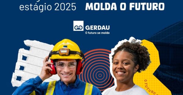 Jovens sorridentes em uniforme de estágio participando do programa G.Start 2025 da Gerdau