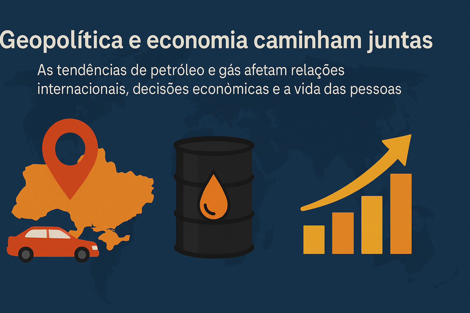 Infografía sobre la relación entre geopolítica y economía, con un mapa de Ucrania, ícono de petróleo y gráfico de crecimiento en fondo azul.
