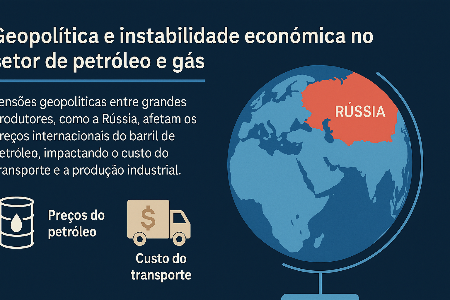 Infografía que muestra la influencia de la geopolítica en el sector de petróleo y gas, destacando a Rusia en un globo terráqueo, iconos de precio del petróleo y costo de transporte, y texto explicativo sobre los impactos económicos.