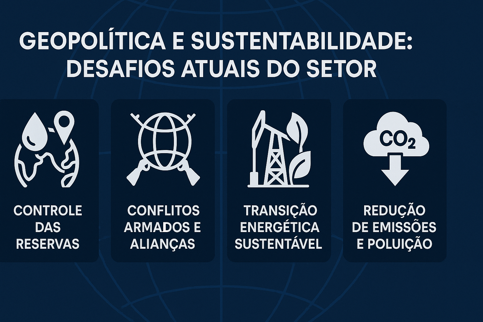 Infográfico sobre los desafíos actuales del sector de petróleo y gas relacionados con la geopolítica y sostenibilidad, con íconos representando control de reservas, conflictos armados, transición energética y reducción de emisiones.