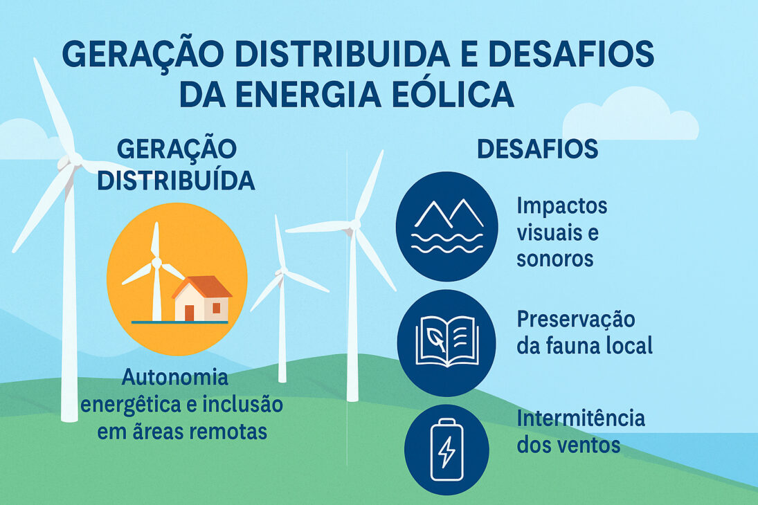 Infográfico ilustrando a geração distribuída de energia eólica e seus principais desafios, como impactos visuais, preservação ambiental e intermitência dos ventos.