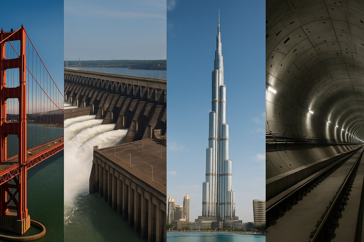 Collage com quatro grandes obras de engenharia: Ponte Golden Gate, Usina de Itaipu, Burj Khalifa e Túnel subterrâneo.
