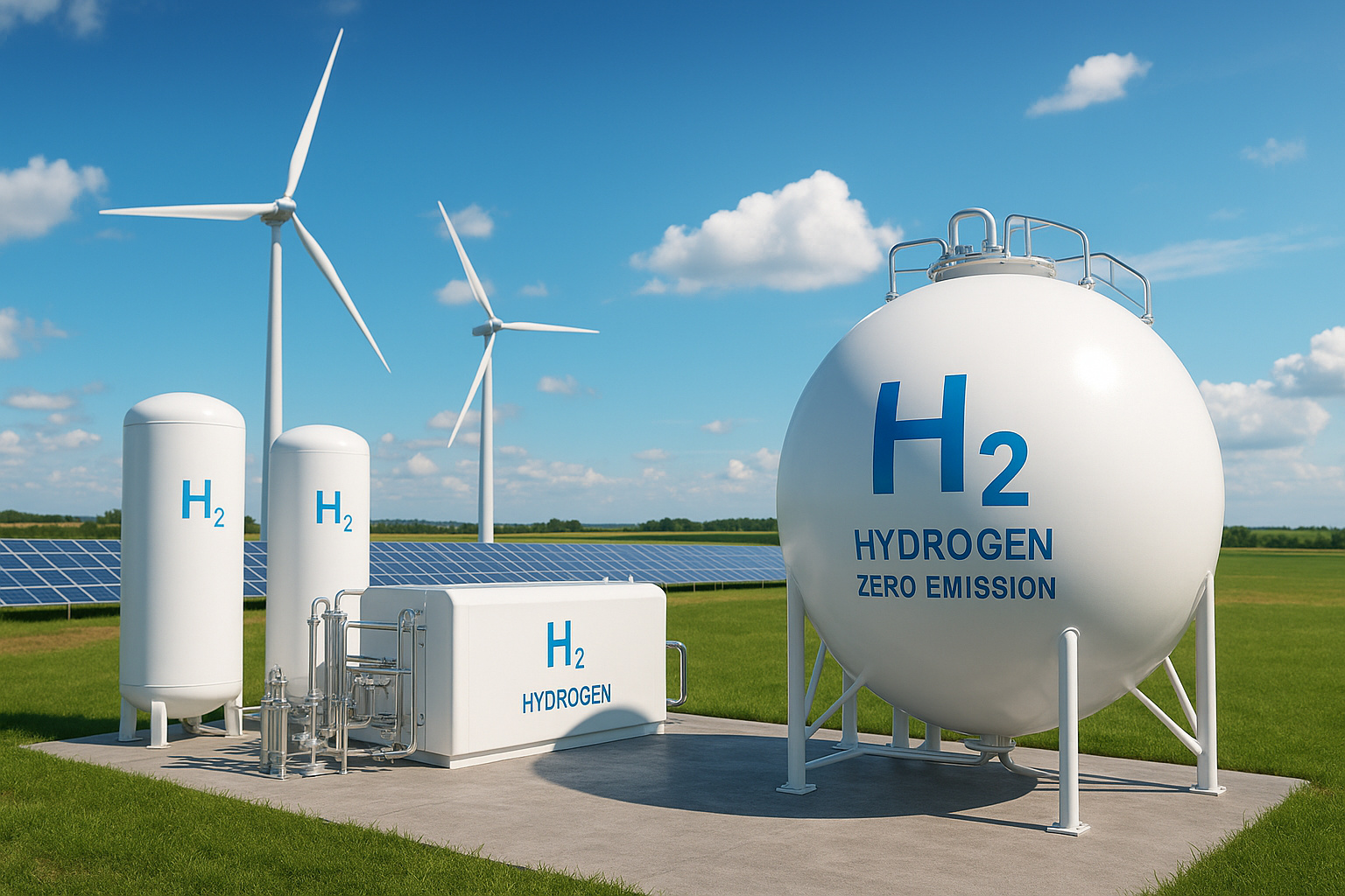 Instalação de hidrogênio verde com tanques H2, turbinas eólicas e painéis solares em campo aberto.