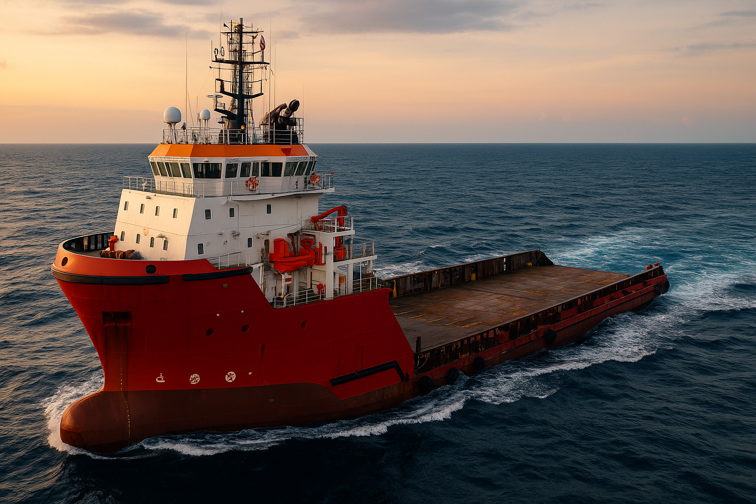 Navio de apoio marítimo navegando em alto-mar durante o pôr do sol