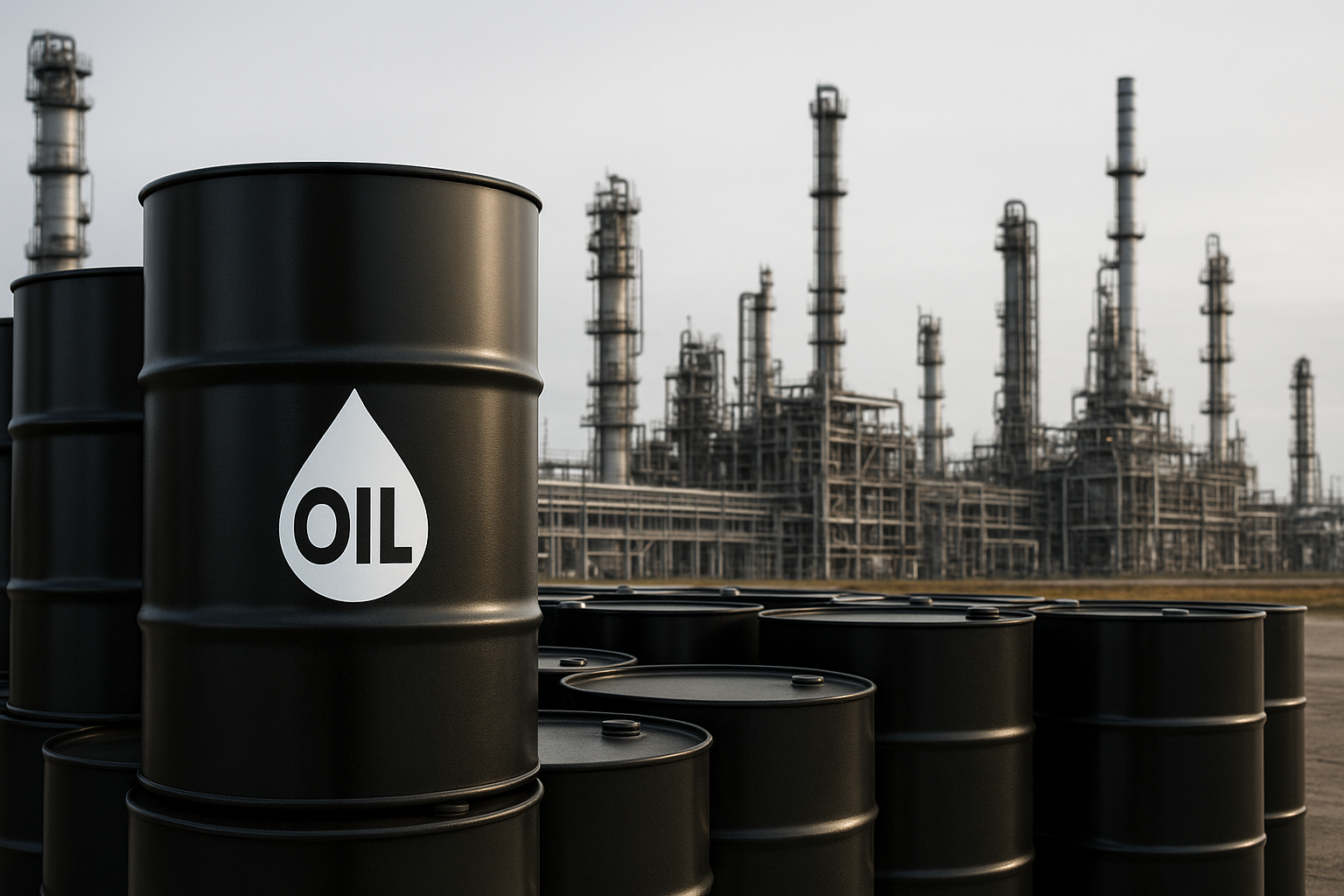 Barris de petróleo diante de uma refinaria industrial sob céu nublado.