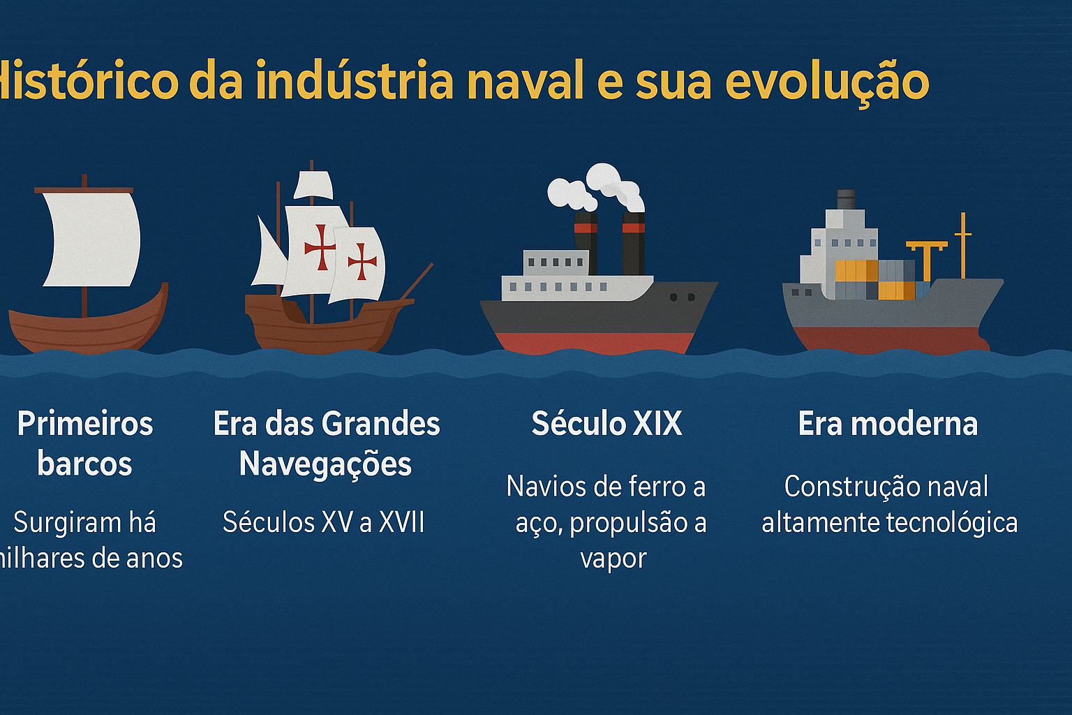 Infografía con línea de tiempo ilustrada de la evolución de la industria naval, desde los primeros barcos hasta la era moderna.