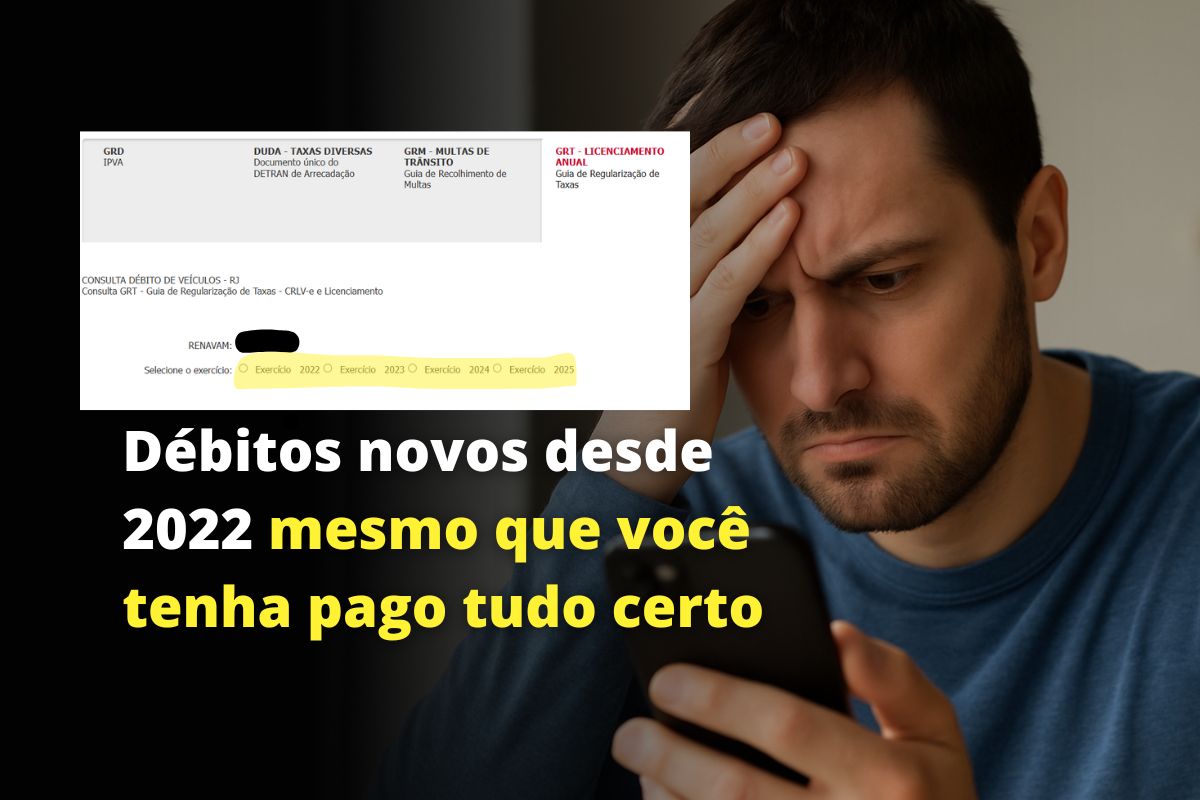 Montagem ilustrativa mostra um homem visivelmente incomodado ao olhar para a tela do celular, com um print do site do Detran-RJ sobreposto no canto superior esquerdo, evidenciando débitos retroativos de licenciamento de 2022, 2023, 2024 e 2025. Texto em destaque diz: “Débitos novos desde 2022 mesmo que você tenha pago tudo certo”. A imagem simboliza o impacto da taxa de emissão do CRLV-e e o sentimento de injustiça dos motoristas do Rio de Janeiro.