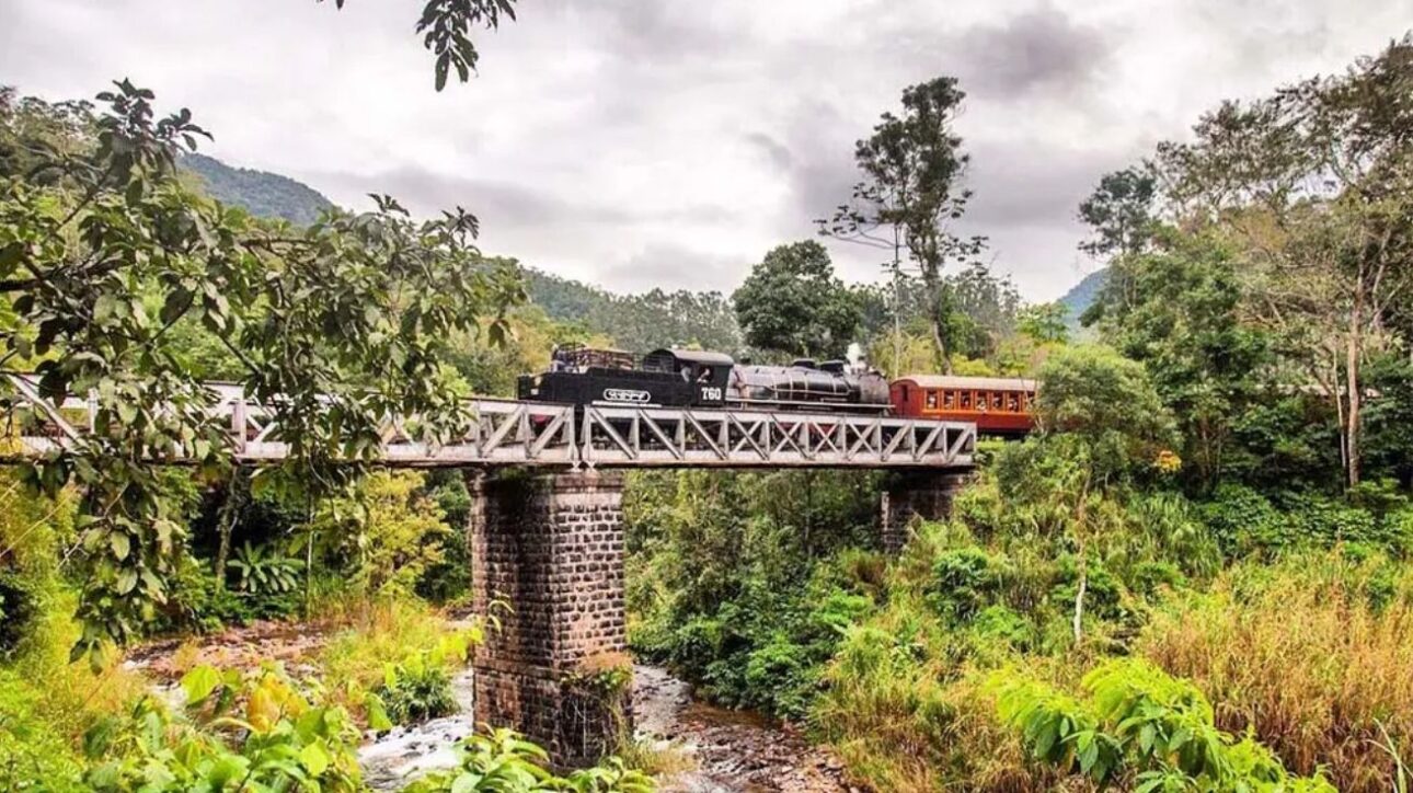 Viaje por una ferrovia histórica en SC por menos de R$ 100, cruzando túneles y puentes con vista para la mata nativa a bordo de una Maria Fumaça. (Imagen: site Viagens Sem Caminho)