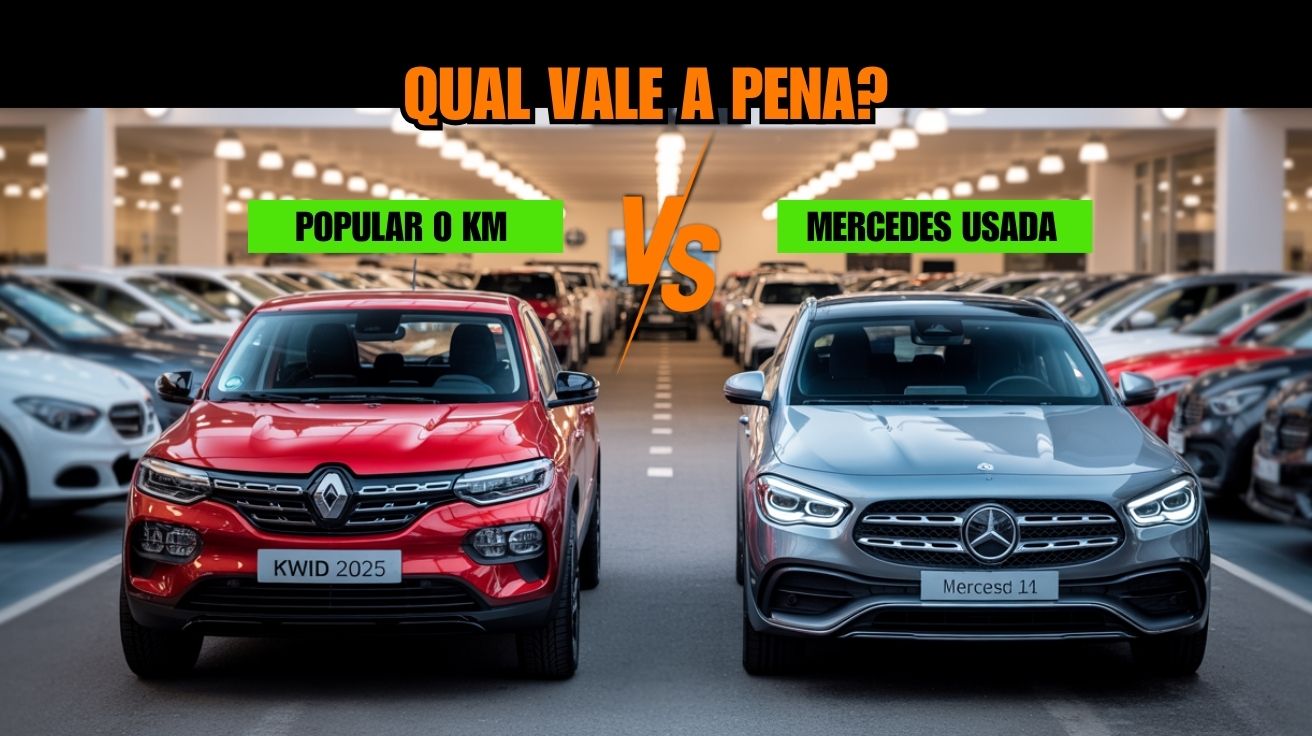 Especialista alerta sobre os altos custos de manter uma Mercedes usada e compara com as vantagens do Renault Kwid 0 km. Entenda o que pesa mais na decisão.