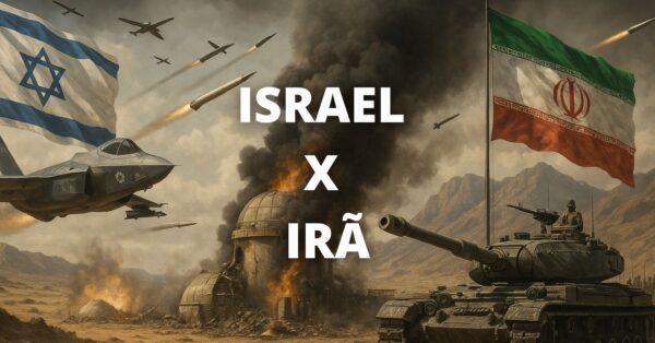 Representação artística do conflito entre Israel x Irã com um caça F-35 israelense em voo, tanques iranianos em solo, explosões e bandeiras dos dois países em destaque. A imagem ilustra o aumento da tensão militar no Oriente Médio em 2025.