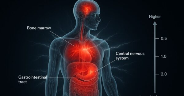 Ilustração médica hiper-realista mostra um corpo humano transparente com os principais sistemas afetados pela radiação — medula óssea, trato gastrointestinal e sistema nervoso central — destacados em vermelho, com partículas ionizantes atravessando o corpo e uma escala lateral indicando a intensidade da dose (Gy). A imagem tem fundo escuro e estilo clínico, transmitindo alerta médico.