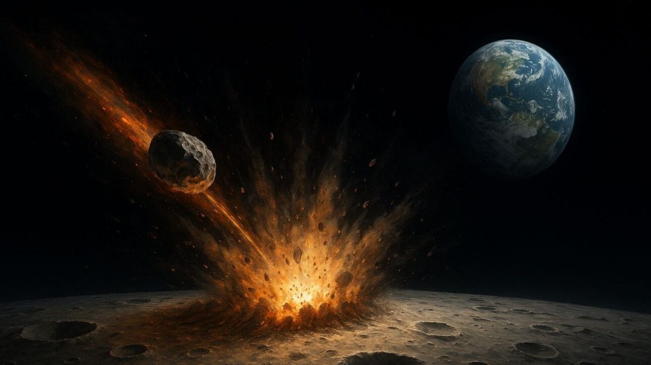Representación hiperrealista de un asteroide colisionando con la superficie de la Luna, generando una gran explosión de escombros, con la Tierra visible al fondo en el espacio