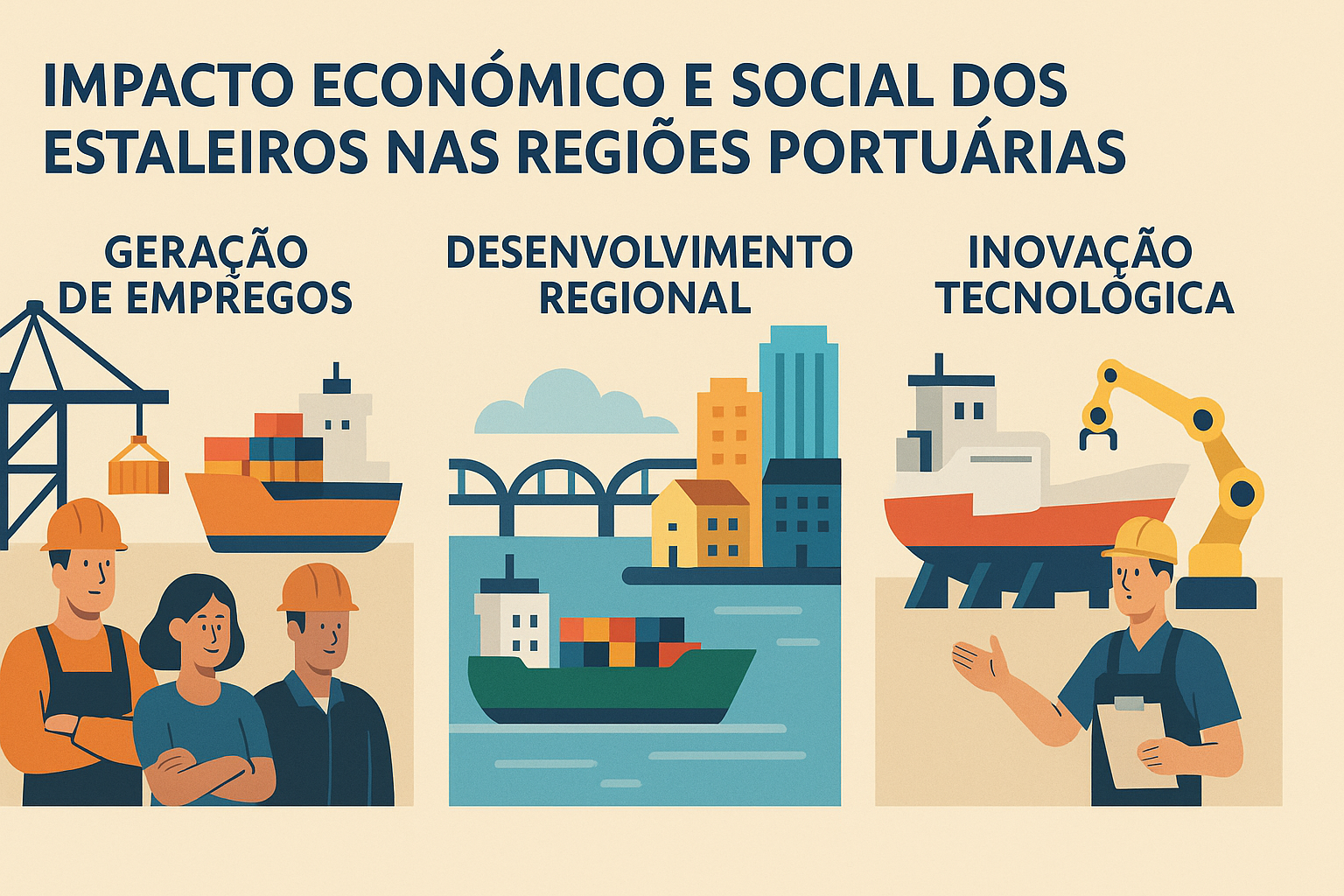 Infográfico colorido en estilo flat mostrando los impactos económicos y sociales de los astilleros en las regiones portuarias, con ilustraciones de trabajadores, barcos, puertos y tecnología industrial.