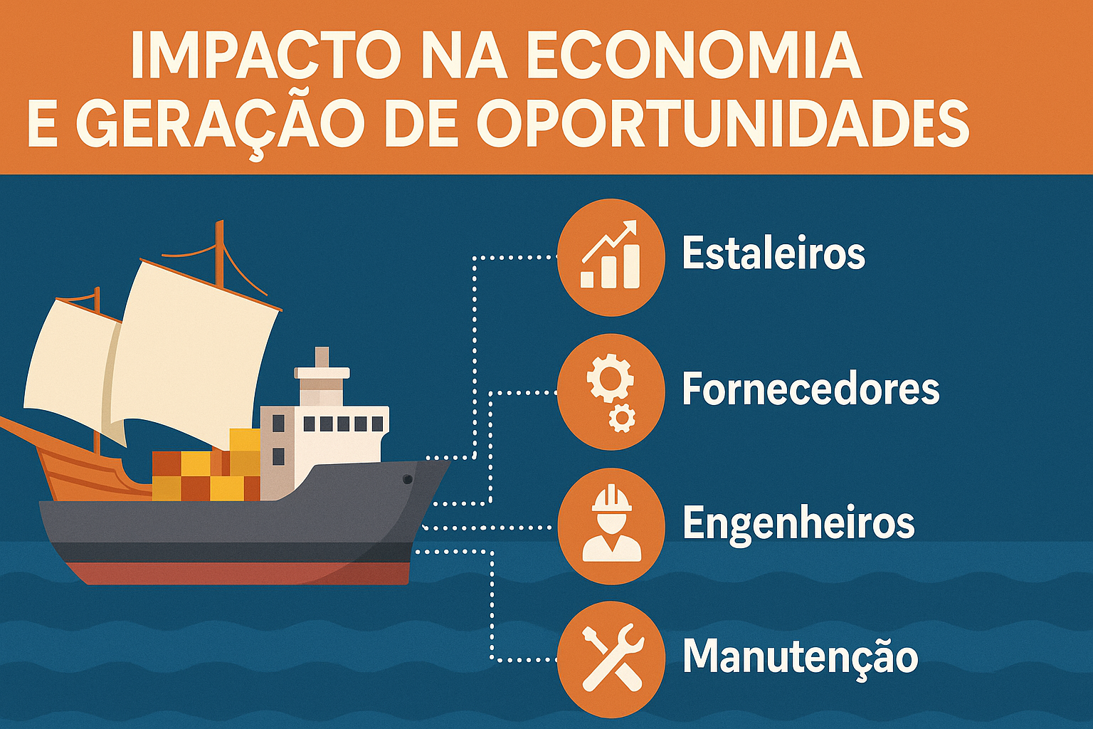 Infografía mostrando un barco de carga en el mar conectado por líneas punteadas a íconos representando astilleros, proveedores, ingenieros y mantenimiento.