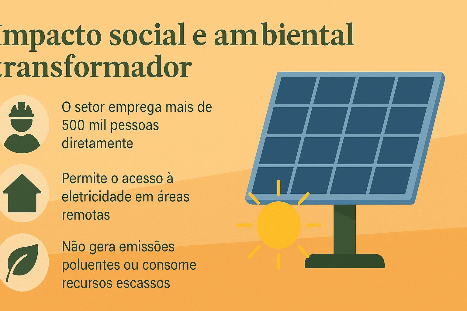 Infografía sobre el impacto social y ambiental de la energía solar en Brasil, destacando generación de empleos, acceso a electricidad en áreas remotas y beneficios ambientales.