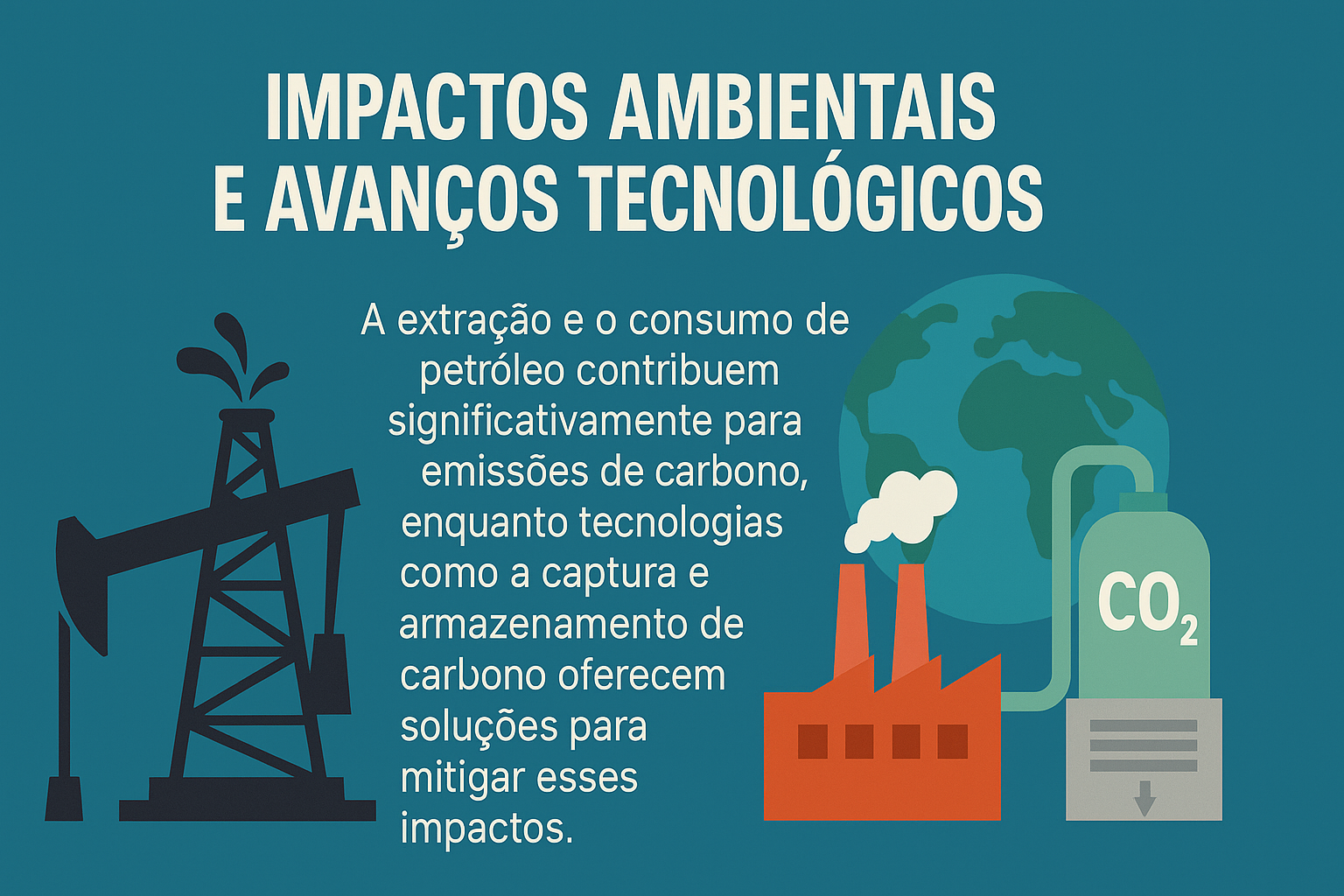 Infografía sobre los impactos ambientales de la extracción de petróleo y los avances tecnológicos como la captura y almacenamiento de carbono, con iconos de bomba de extracción, fábrica, globo terráqueo y cilindro de CO₂, en fondo azul.