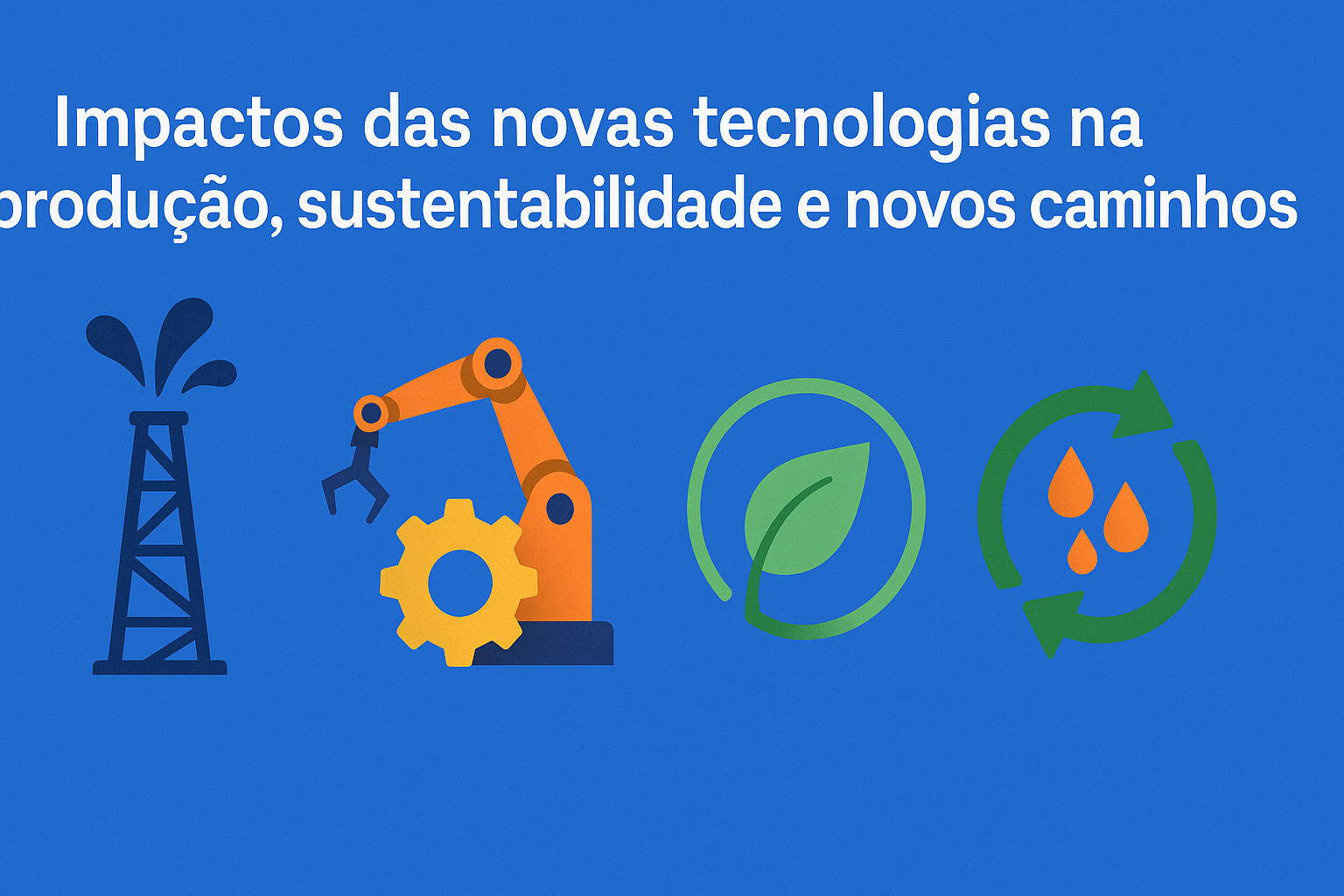 Infografía digital en estilo flat design con íconos de una torre de petróleo, un brazo robótico con engranaje, una hoja verde y un símbolo de economía circular con gotas, representando tecnología, sostenibilidad e innovación en el sector energético.