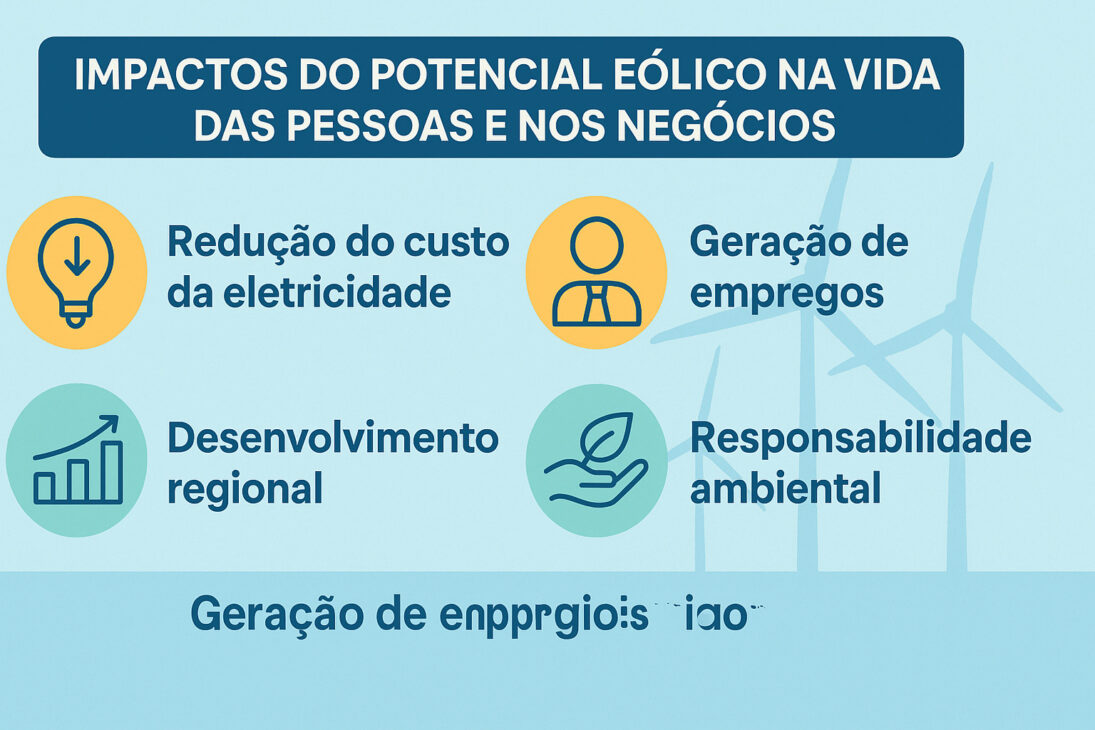 Infográfico destacando os principais impactos da energia eólica na vida das pessoas e nos negócios, com ícones e textos sobre economia, empregos, desenvolvimento e sustentabilidade.