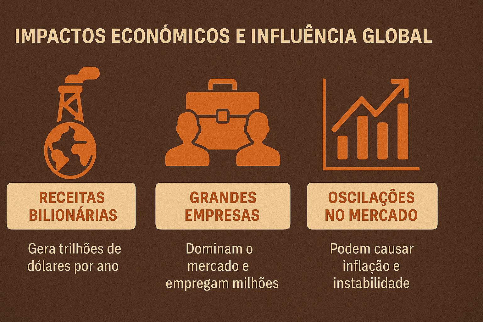 Infográfico presentando los impactos económicos y la influencia global de la industria del petróleo y gas, con íconos representando ingresos, grandes empresas y oscilaciones de mercado.