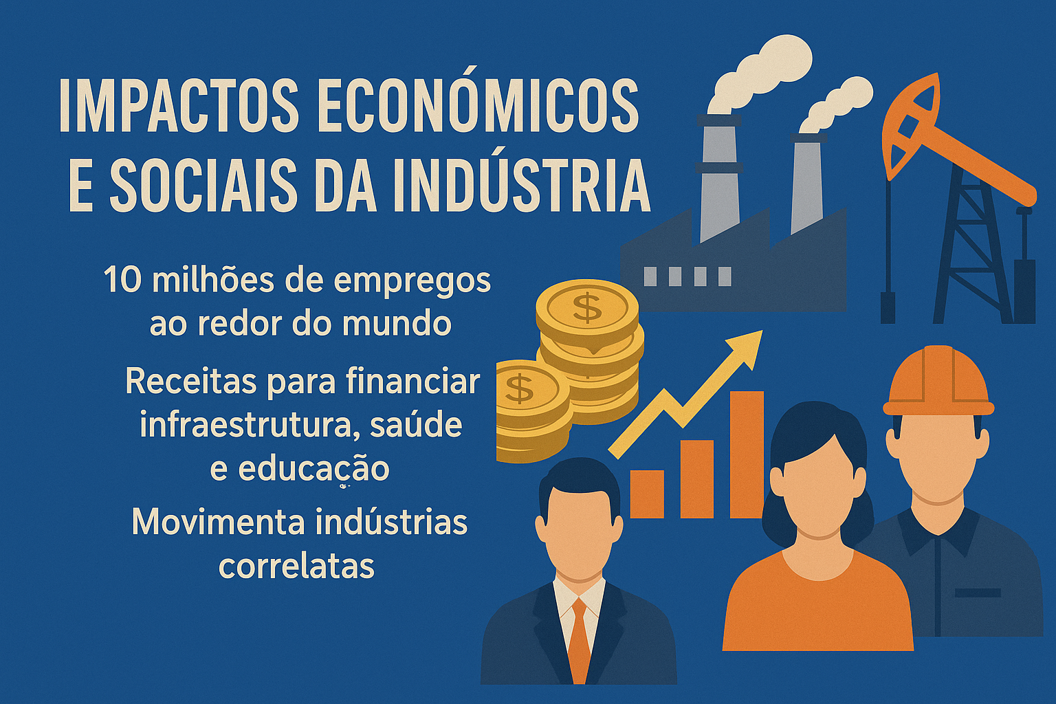 Infografía sobre los impactos económicos y sociales de la industria de petróleo y gas, con íconos representando fábrica, monedas, gráfico de crecimiento y trabajadores, sobre fondo azul.