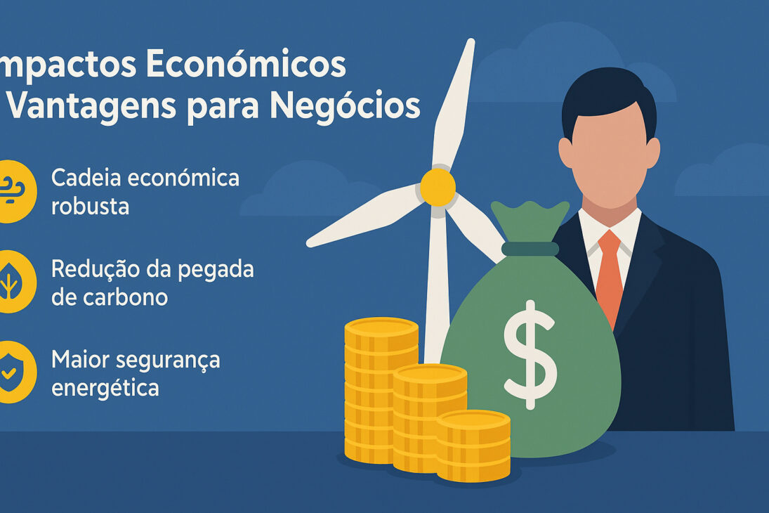 Infografía ilustrando los impactos económicos y ventajas para negocios de la energía eólica offshore, con íconos, turbina eólica, monedas y empresario.