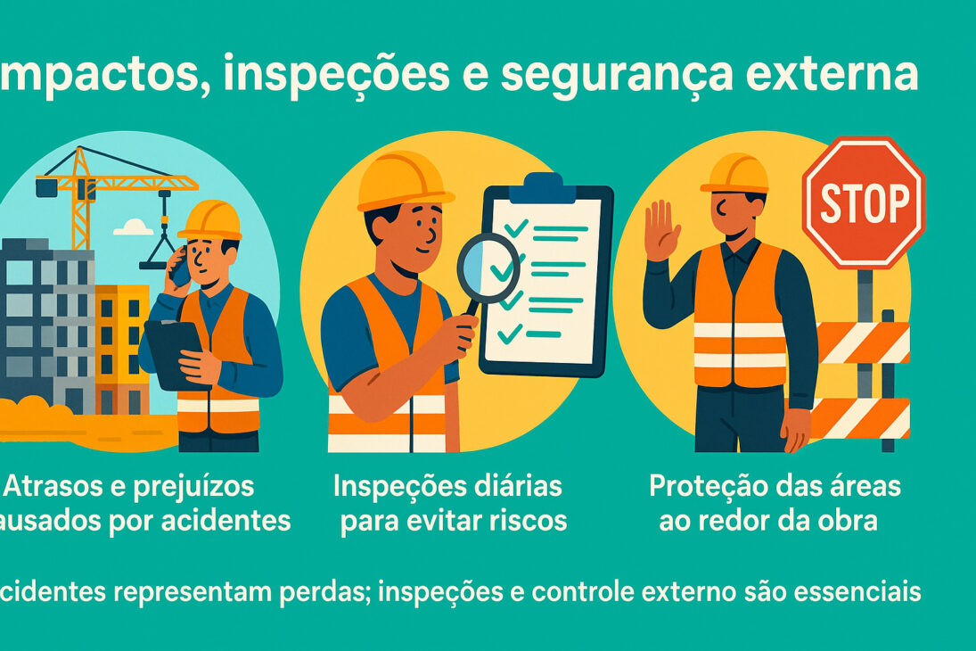Infográfico sobre seguridad externa en grandes construcciones, con foco en impactos de accidentes, inspecciones diarias y protección de las áreas alrededor de la obra.