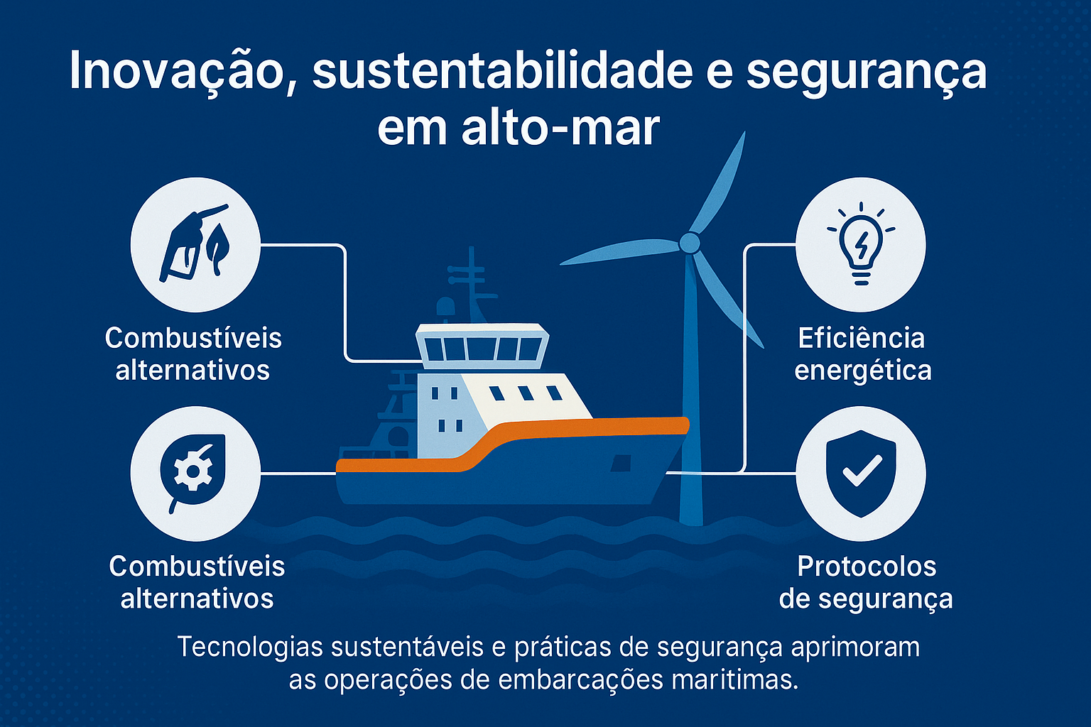 Infografía con un barco offshore, turbina eólica e íconos destacando combustibles alternativos, eficiencia energética y protocolos de seguridad.