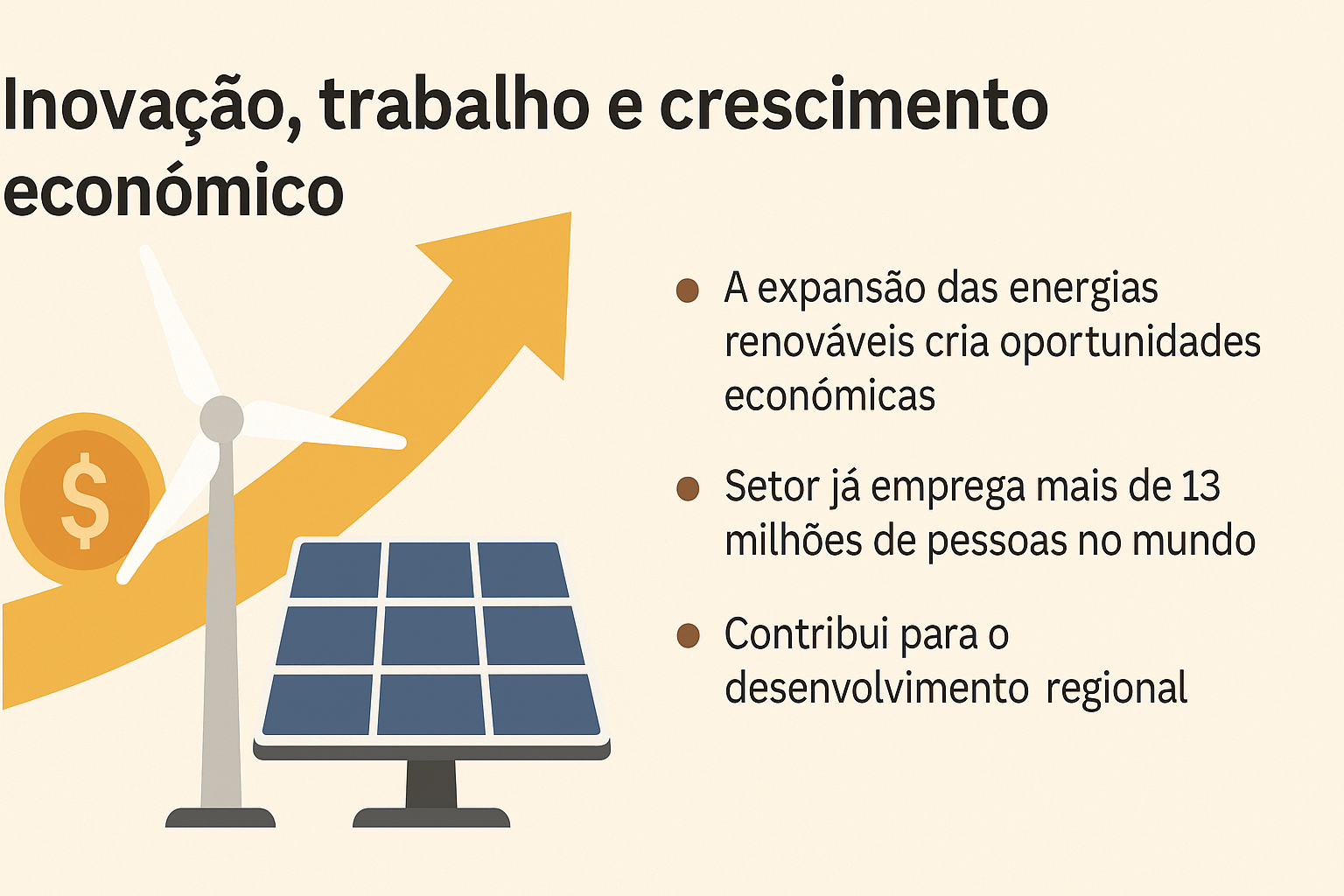 Infografía con título “Innovación, trabajo y crecimiento económico”, ilustrado con turbina eólica, panel solar, moneda y flecha creciente, acompañado de tres puntos sobre los beneficios económicos de la energía renovable.