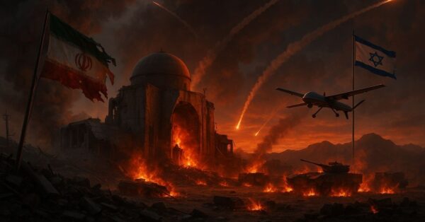 Explosões em instalação nuclear no Irã atingida por mísseis israelenses, com bandeiras do Irã e Israel, drone em voo e destruição ao redor