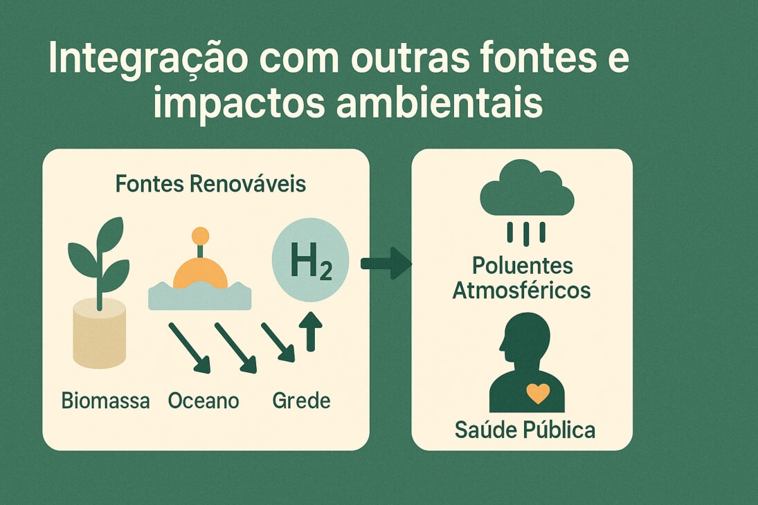 Infografía mostrando la integración del hidrógeno verde con otras fuentes renovables, como biomasa y energía oceánica, y los impactos positivos en la reducción de la contaminación atmosférica y en la salud pública.