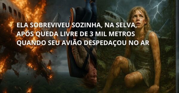 Imagem hiper-realista mostra Juliane Koepcke presa de cabeça para baixo ao assento do avião em queda, enquanto destroços em chamas caem sobre a floresta amazônica após acidente aeronáutico