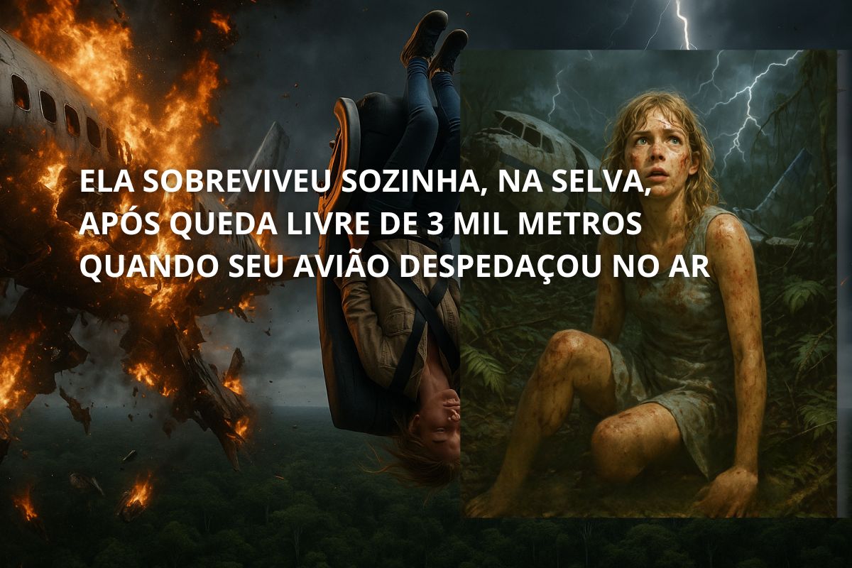 Imagem hiper-realista mostra Juliane Koepcke presa de cabeça para baixo ao assento do avião em queda, enquanto destroços em chamas caem sobre a floresta amazônica após acidente aeronáutico