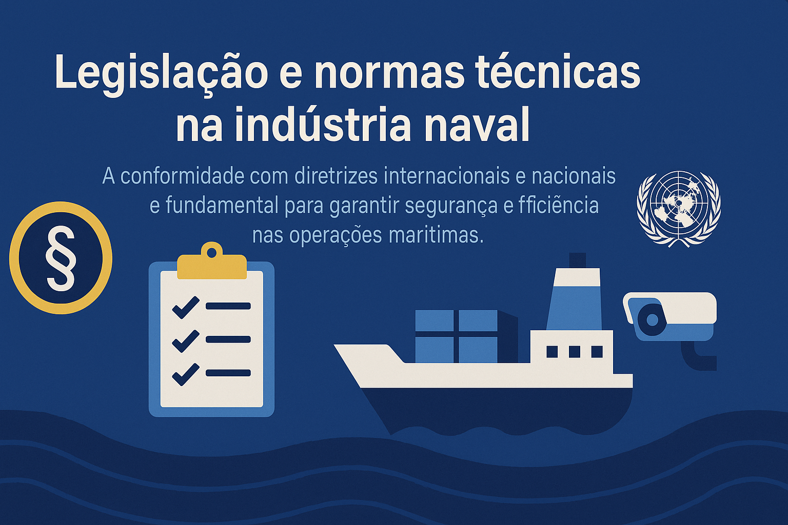Infografía con el título “Legislación y normas técnicas en la industria naval”, presentando íconos de párrafo legal, checklist, cámara de seguridad, barco de carga y el símbolo de la ONU sobre fondo azul con olas.