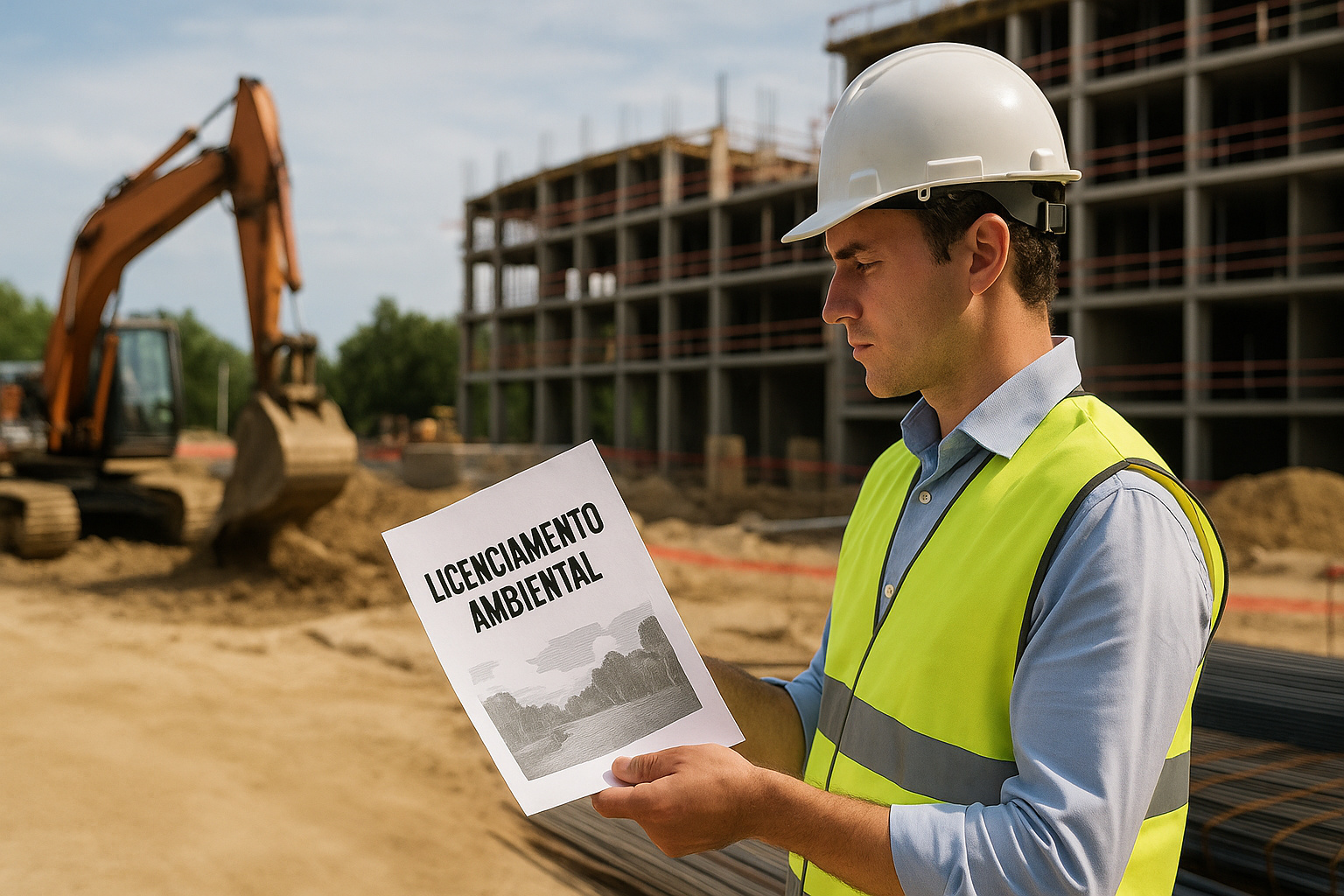 Engenheiro analisa documento de licenciamento ambiental em canteiro de obras