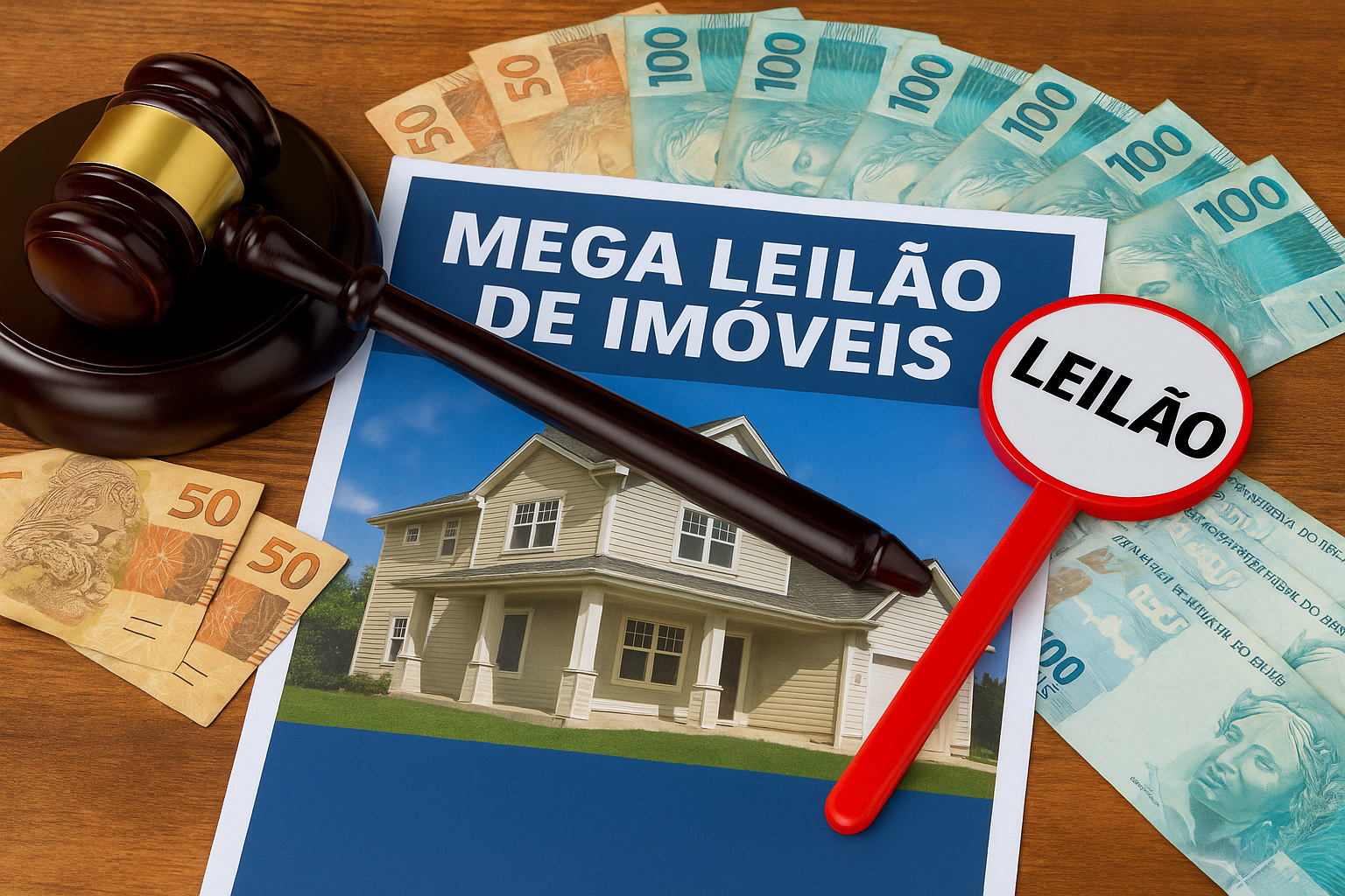 Imagem ilustrativa de mega leilão de imóveis com cédulas de real e material de leilão