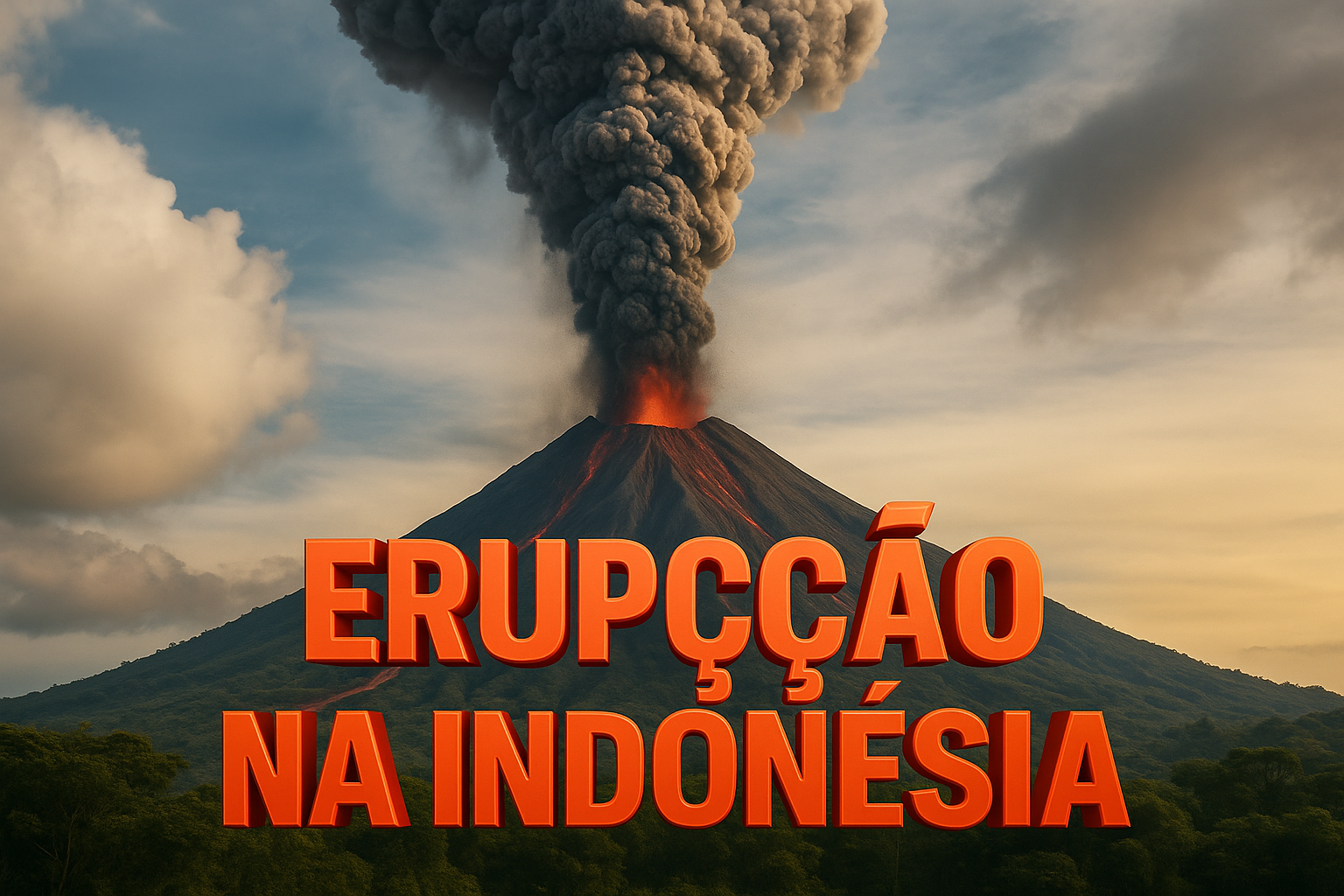 Erupção do vulcão Monte Lewotobi Laki-laki na Indonésia com coluna de cinzas a 11 km e frase "Erupção na Indonésia" em destaque.