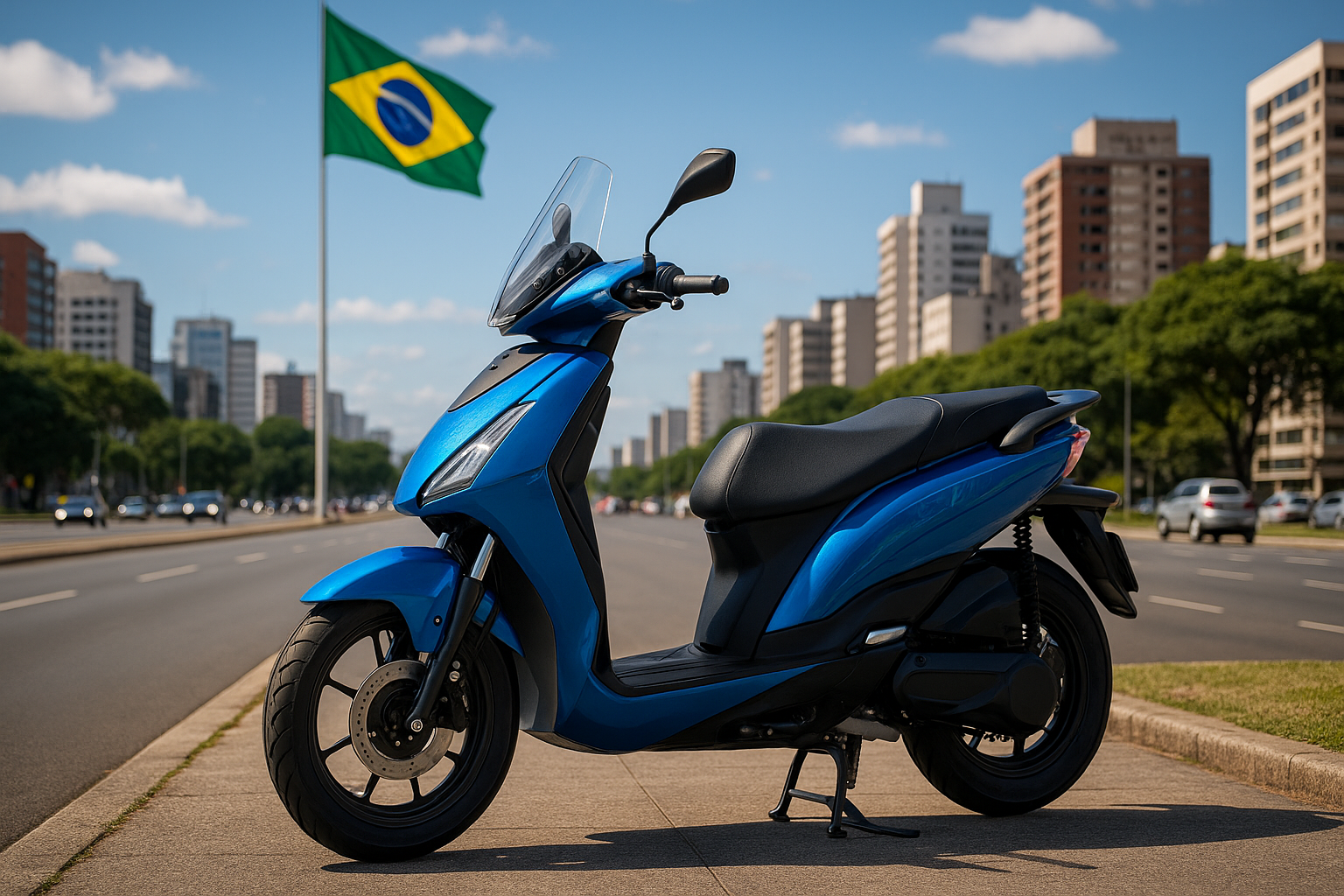 Scooter elétrica azul em avenida urbana com bandeira do Brasil ao fundo