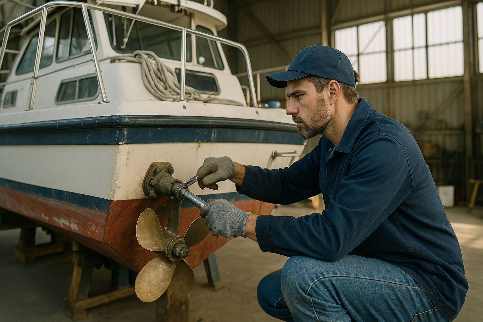 Técnico realiza manutenção no propulsor de uma embarcação em estaleiro coberto.