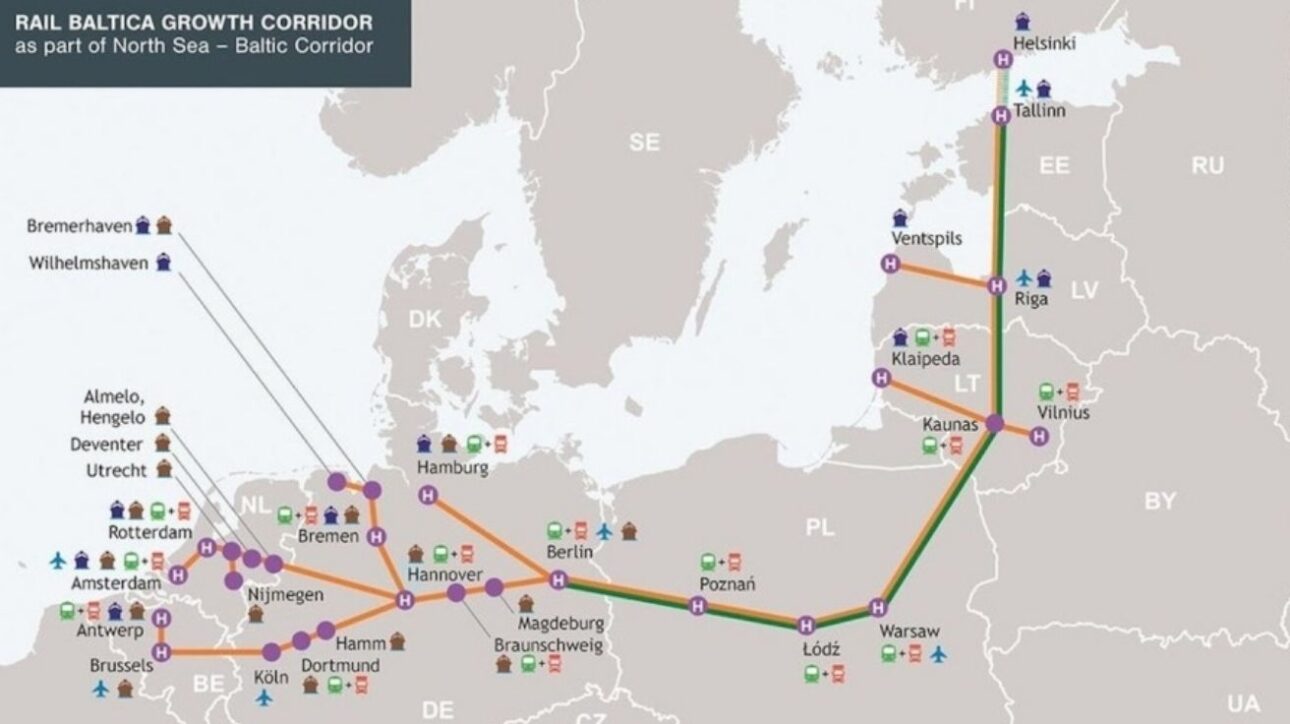 El proyecto Rail Baltica, exhibido en este mapa, conecta Estonia, Letonia, Lituania y Polonia por rieles con anchura estándar europea, reforzando la integración continental y creando una barrera estratégica contra la influencia ferroviaria de Rusia.
