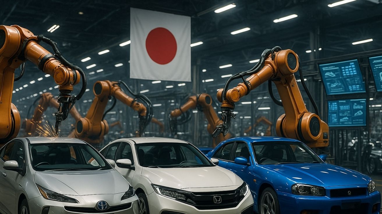 Linha de produção automatizada de montadoras japonesas com robôs e carros Toyota, Honda e Nissan em montagem final