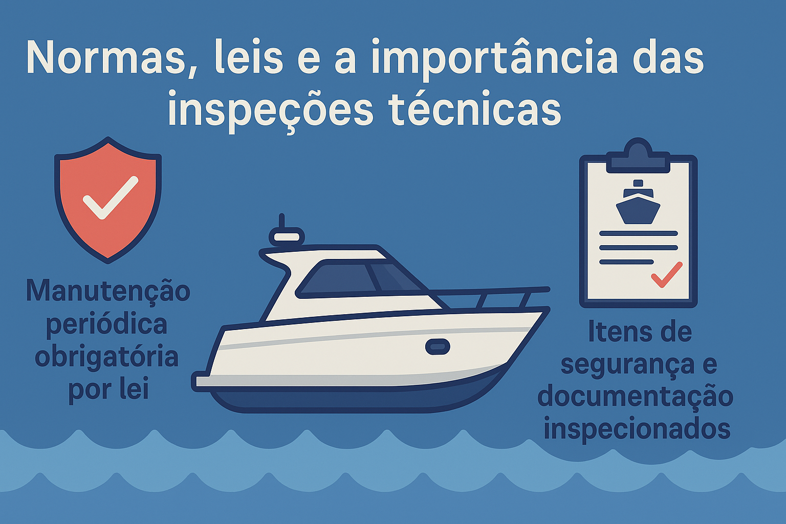 Infográfico ilustrando a importância das normas e inspeções técnicas em embarcações, com ícones de escudo, barco e checklist.