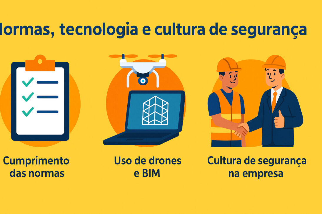 Infográfico sobre seguridad en la construcción civil, destacando el cumplimiento de las normas, el uso de tecnología como drones y BIM, y la importancia de la cultura de seguridad en las empresas.