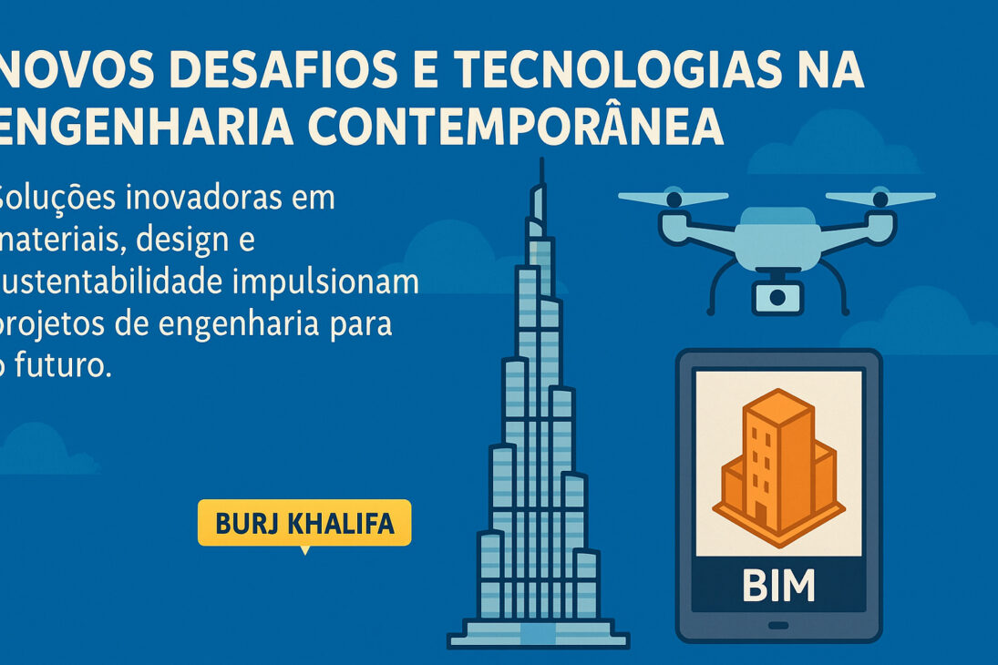Infografía con el Burj Khalifa, un dron y una tablet con símbolo BIM, destacando las tecnologías y desafíos contemporáneos de la ingeniería como sostenibilidad, innovación en materiales y uso de herramientas digitales.